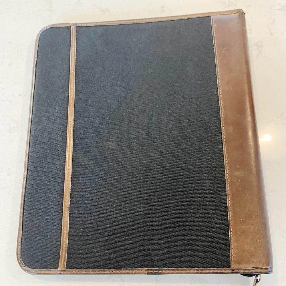Franklin Quest Vintage Zip Planner Green Line Leather Trim & Canvas Zip Inserts